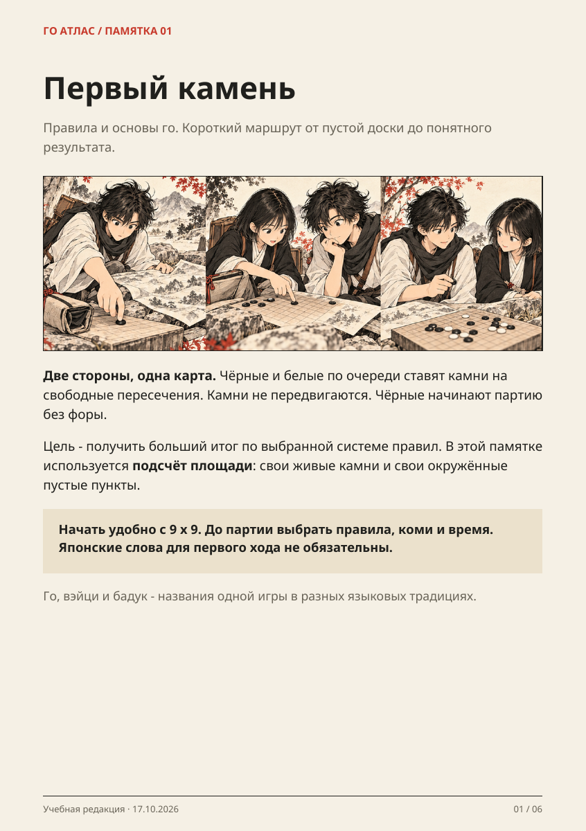 Первая страница памятки «Первый камень: правила и основы го»